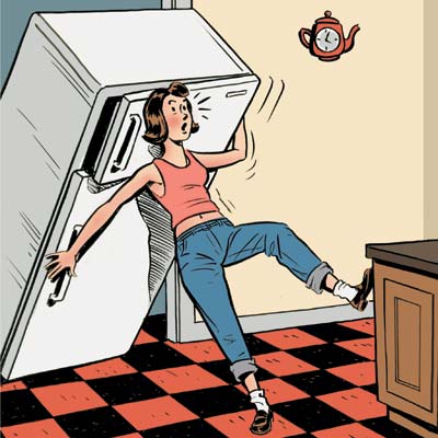 Woman moving fridge
